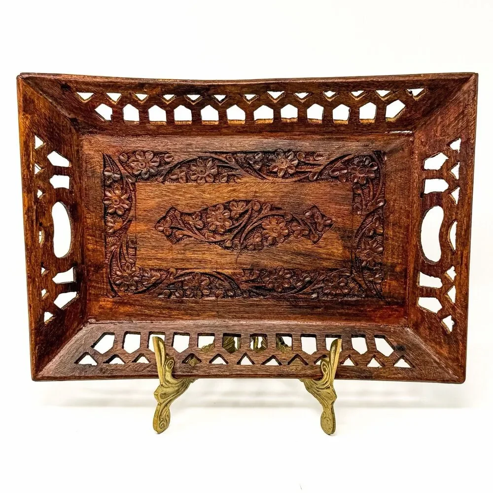 Vintage Hand Carved Wood Serving Tray Floral Pierced India Boho 13x9